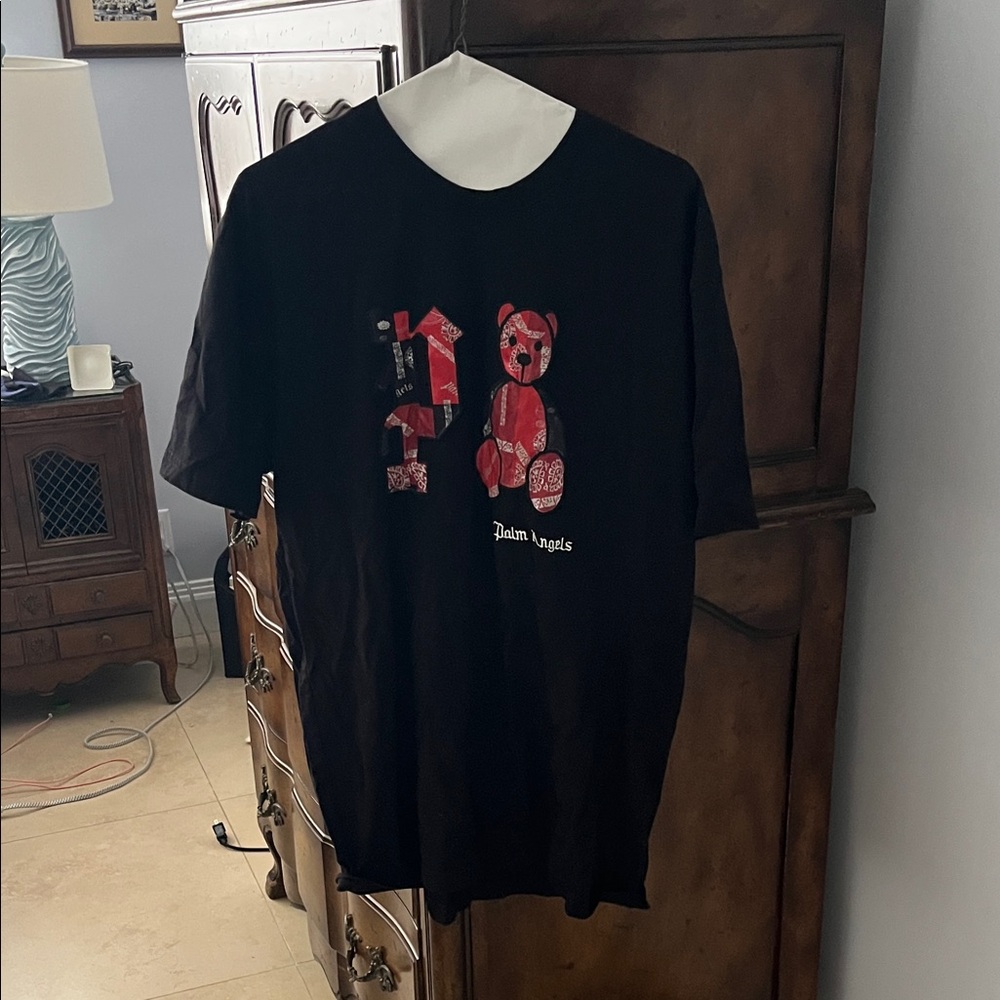 Palm Angels Black Tee with Red Bear Design
